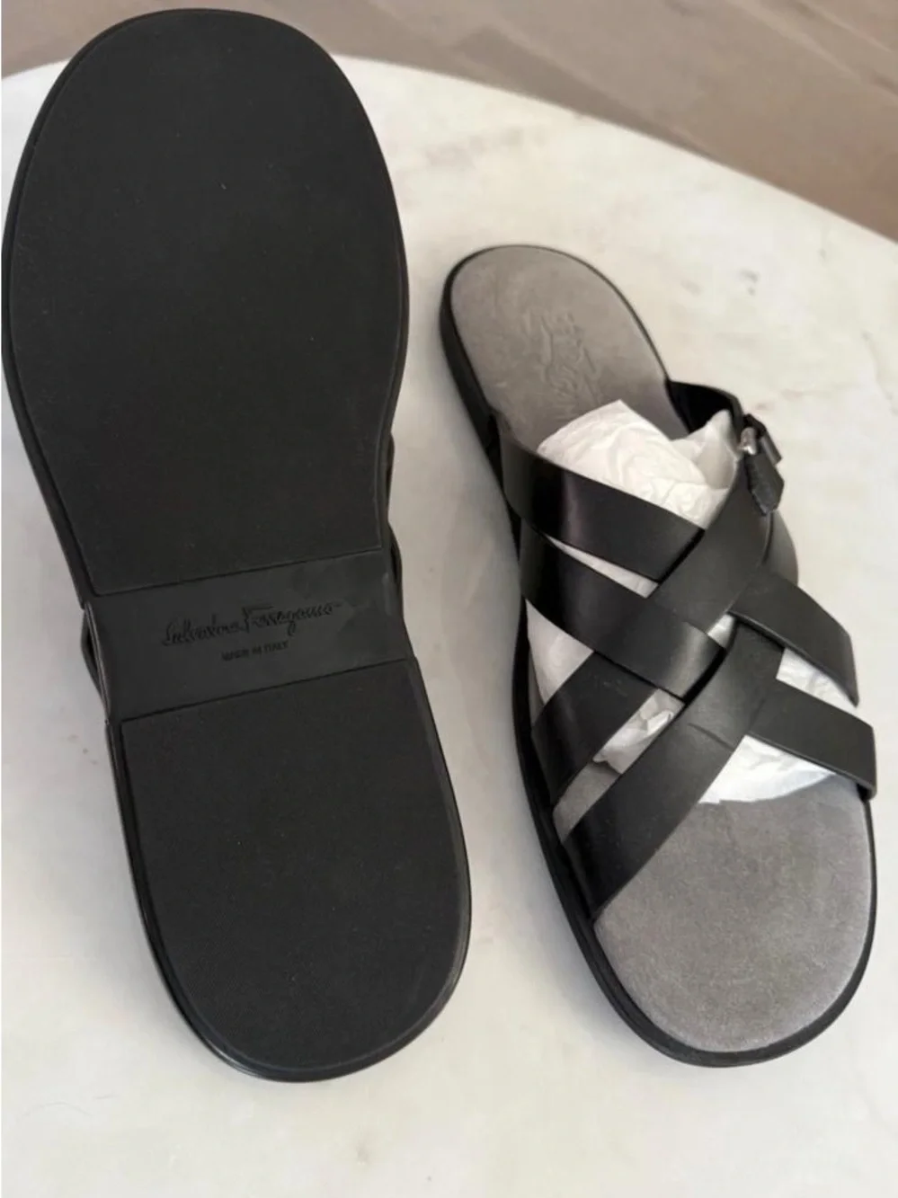 Salvatore Ferragamo Damiano Nero Calf Black Leather Crisscross Slide Sandals